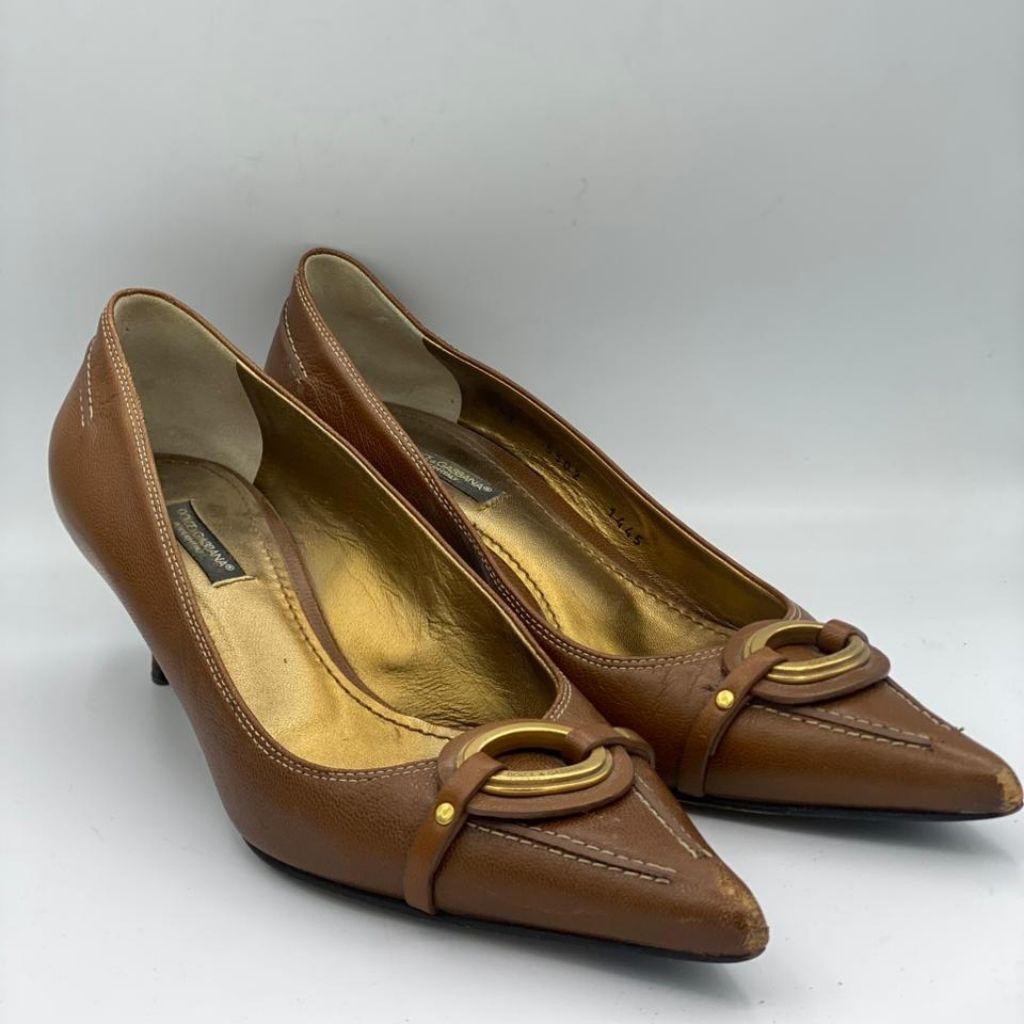 Dolce & Gabbana Brown Leather Logo Pointed Toe Slingback Pumps