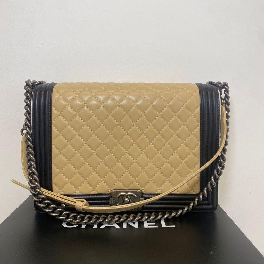 Chanel Beige/Black Quilted Leather Medium Boy Flap Bag