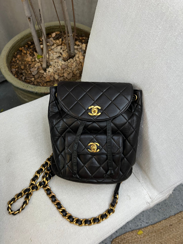 Chanel Lambskin Black Coco Mark Matelasse Chain Backpack