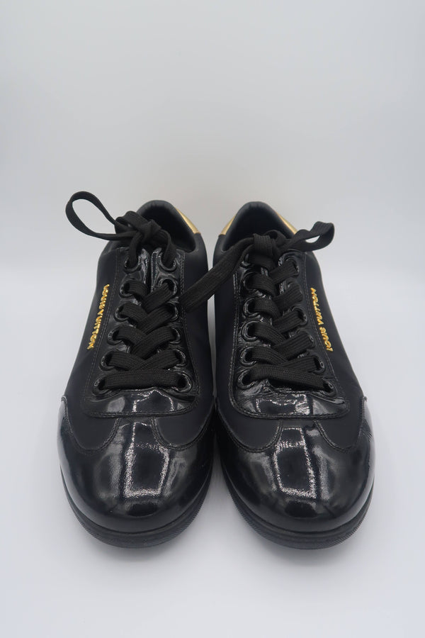 Black Nylon and Patent Leather Low Top Sneakers